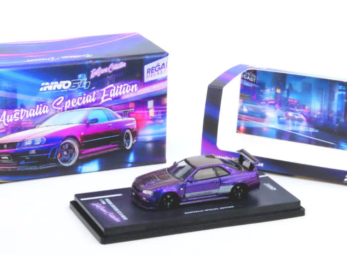 Nissan Skyline R34 Z-Tune "ENDGAME" Australia Special Edition 1:64 Scale Diecast Model by Inno64 Mounted Display View