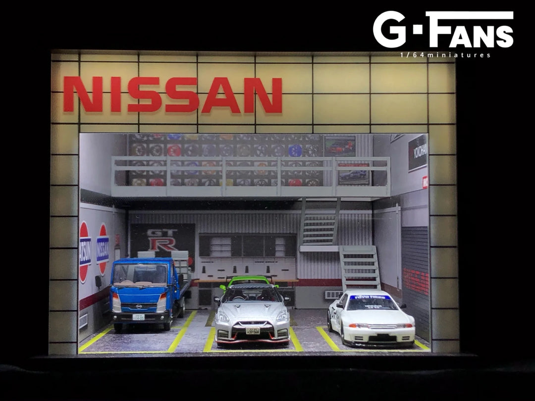 Nissan Theme 1:64 Diorama with LED Light Double Deck Garage by G-Fans Front View with Cars