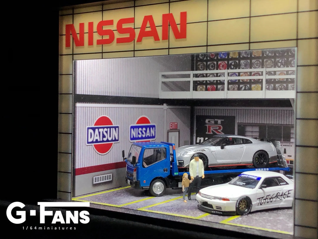 Nissan Theme 1:64 Diorama with LED Light Double Deck Garage by G-Fans Angle View