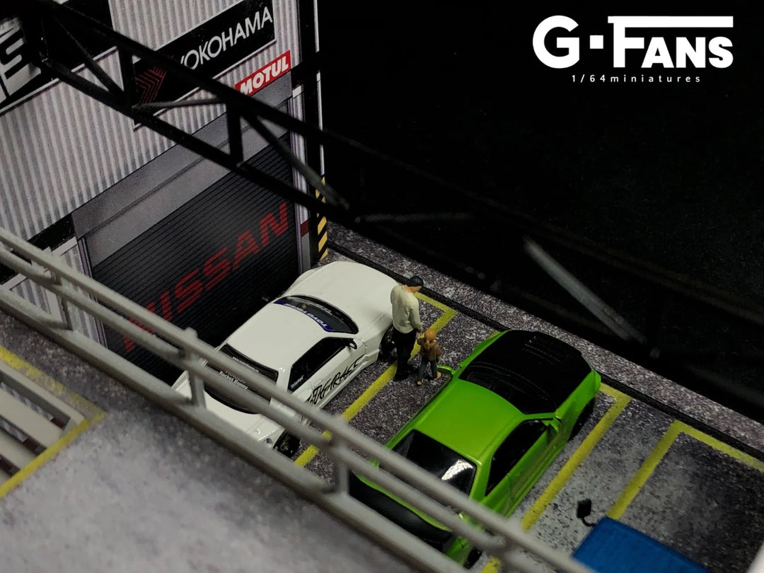 Nissan Theme 1:64 Diorama with LED Light Double Deck Garage by G-Fans Top View