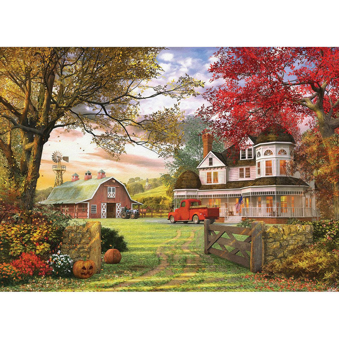 Eurographics Old Pumpkin Farm 1000 Piece Jigsaw Puzzle featuring pumpkins, farmhouse and colorful autumn foliage - image