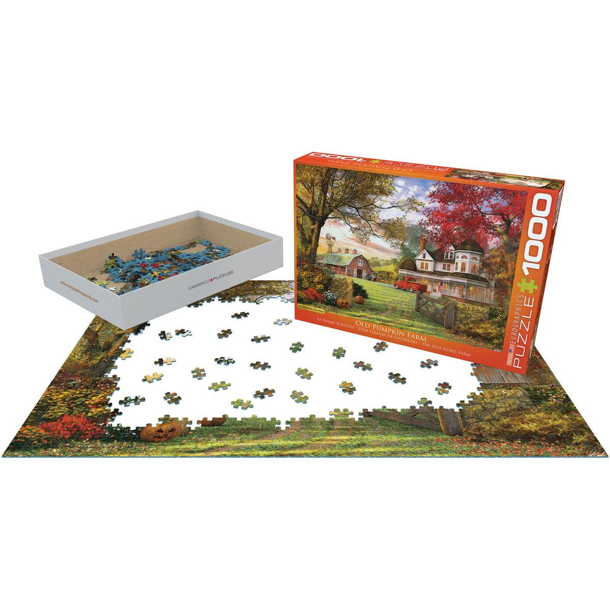 Eurographics Old Pumpkin Farm 1000 Piece Jigsaw Puzzle featuring pumpkins, farmhouse and colorful autumn foliage - open box 
