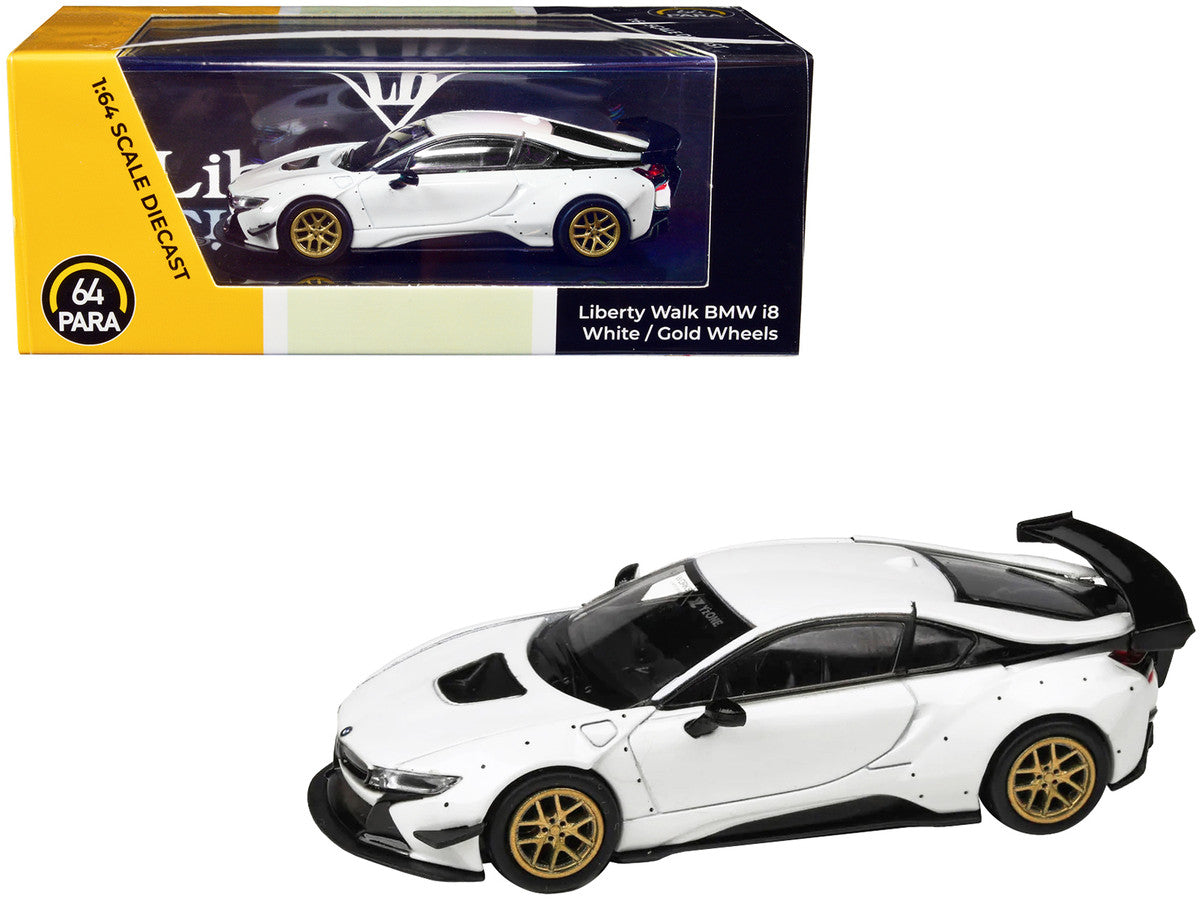 BMW i8 Liberty Walk White with Gold Wheels 1/64 Diecast Model Car by Paragon Models-0