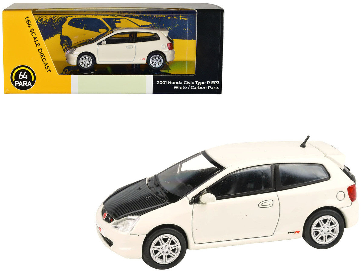 2001 Honda Civic Type R EP3 White with Carbon Hood 1/64 Diecast Model Car by Paragon Models-0
