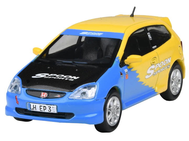 2001 Honda Civic Type R EP3 Blue and Yellow with Black Hood "Spoon Sports" 1/64 Diecast Model Car by Paragon Models-1