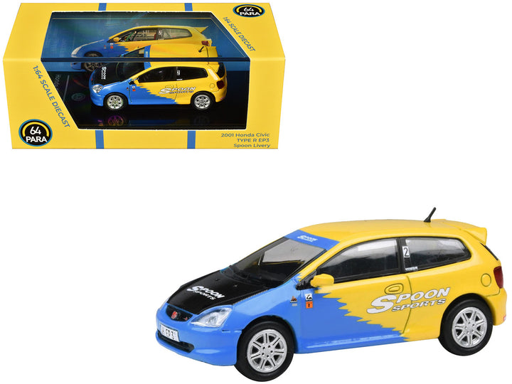 2001 Honda Civic Type R EP3 Blue and Yellow with Black Hood "Spoon Sports" 1/64 Diecast Model Car by Paragon Models-0