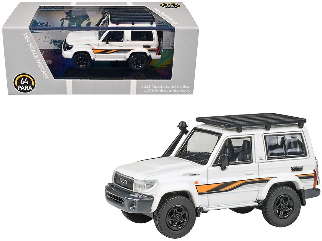 2023 Toyota Land Cruiser 71 White "70th Anniversary" with Stripes and Roofrack 1/64 Diecast Model Car by Paragon Models-3