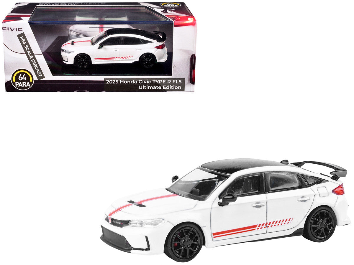 Honda 2025 Civic Type R FL5 "Ultimate Edition" White with Red Stripes and Black Top 1/64 Diecast Model Car by Paragon 2