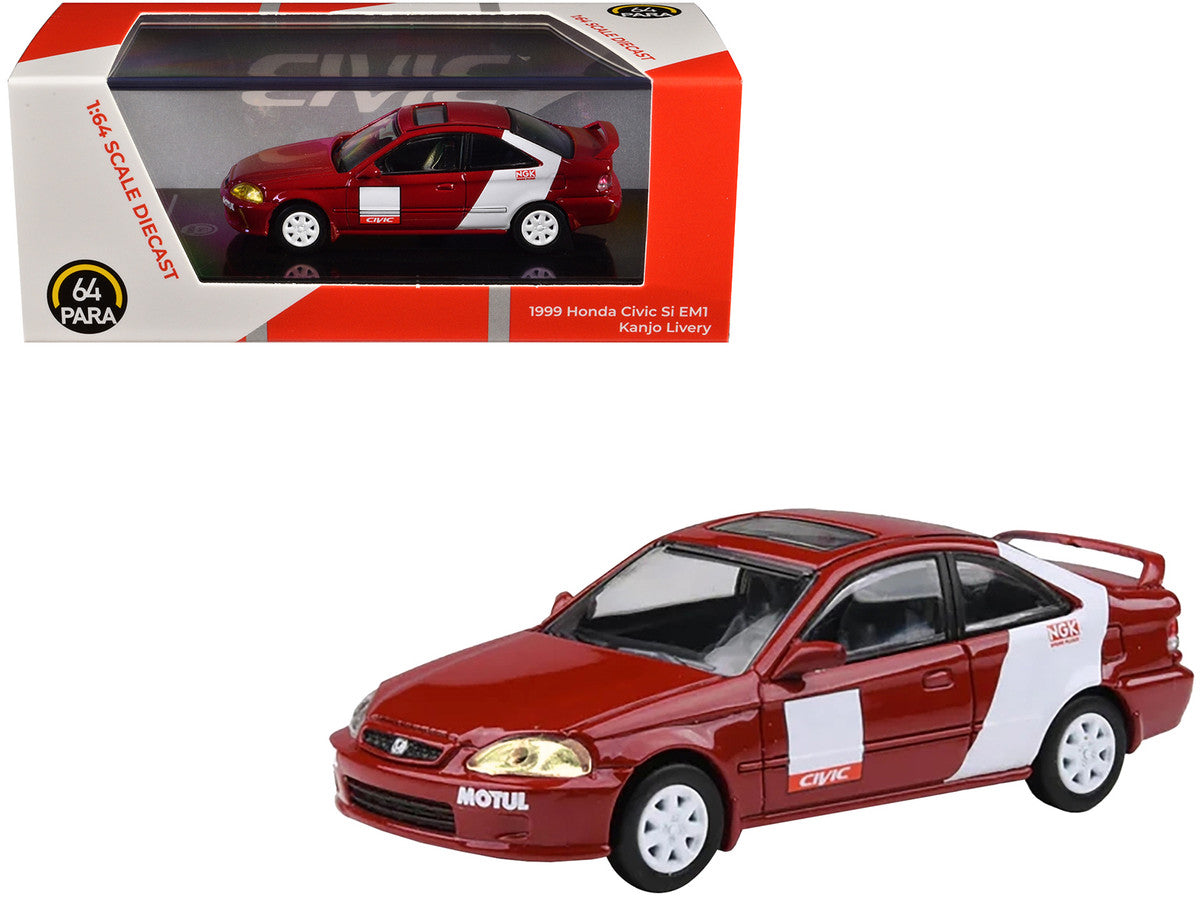 1999 Honda Civic Si EM1 "Kanjo Livery" Red with White Stripes 1/64 Diecast Model Car by Paragon Models-3