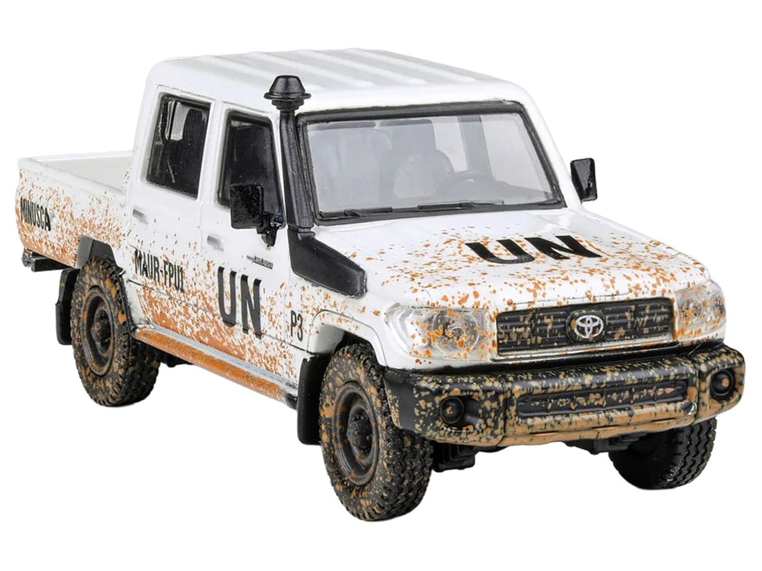 Toyota 2014 Land Cruiser LC 79 Pickup Truck "UN MINUSCA" White (Dirty Version) 1/64 Diecast Model Car by Paragon Models 2