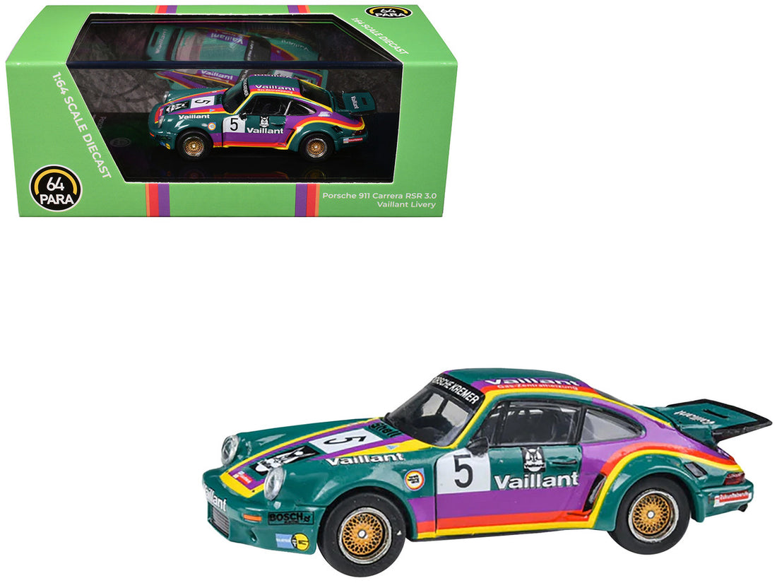 1975 Porsche 911 Carrera RSR 3.0 #5 "Kremer Racing - Vaillant" Green with Stripes 1/64 Diecast Model Car by Paragon Models-3