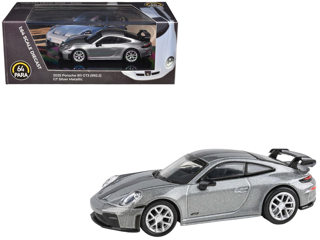 2025 Porsche 911 GT3 (992.2) GT Silver Metallic with Carbon Stripe 1/64 Diecast Model Car by Paragon Models-3