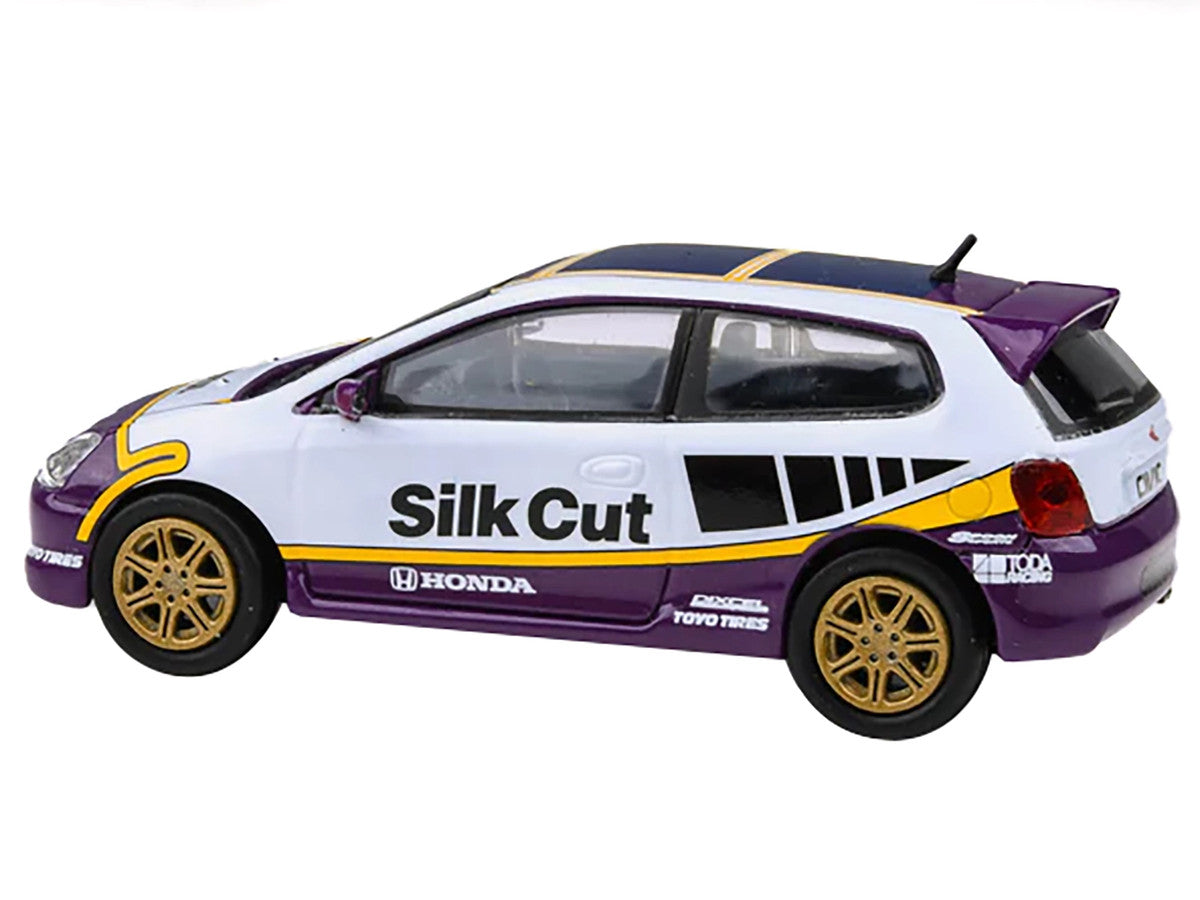 2001 Honda Civic Type R EP3 "Silk Cut" White and Purple with Graphics 1/64 Diecast Model Car by Paragon Models-0