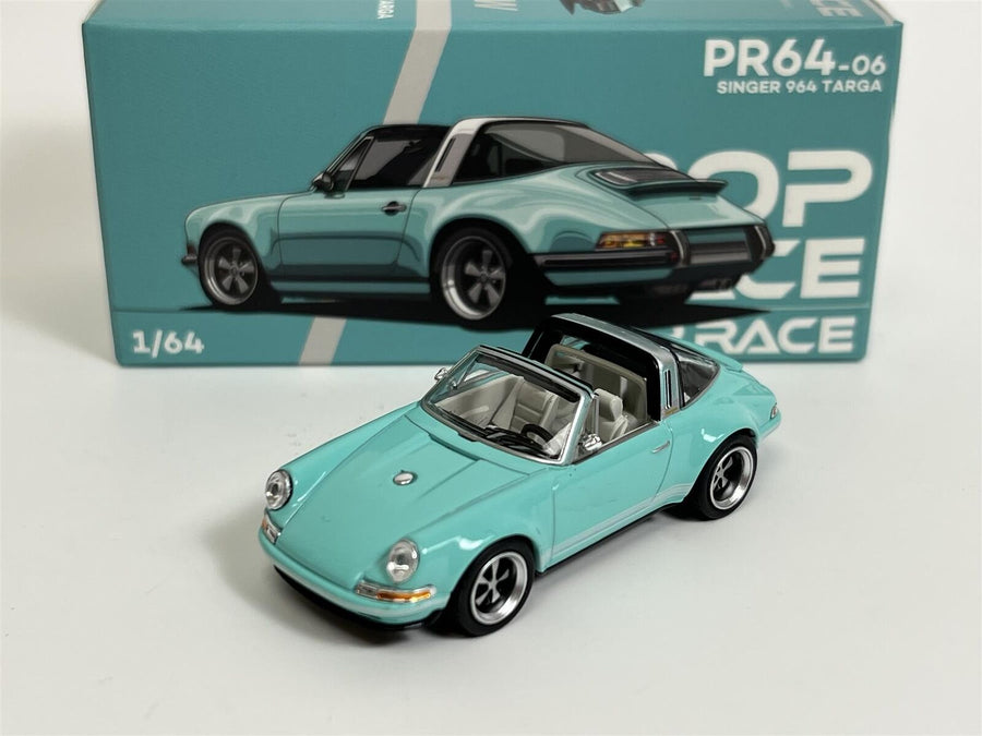 Porsche 911 964 Singer Targa Roadster Tiffany Blue 1:64 Scale Diecast Model By POP Race