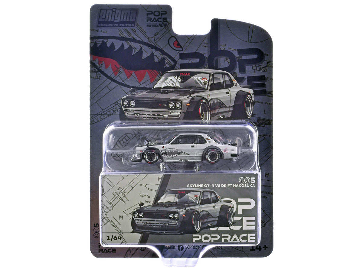 Skyline GT-R V8 Drift "Hakosuka" RHD (Right Hand Drive) Silver Metallic with Carbon Hood and Shark Mouth Graphics "Enigma Exclusive Edition" 1/64 Diecast Model Car by Pop Race 2