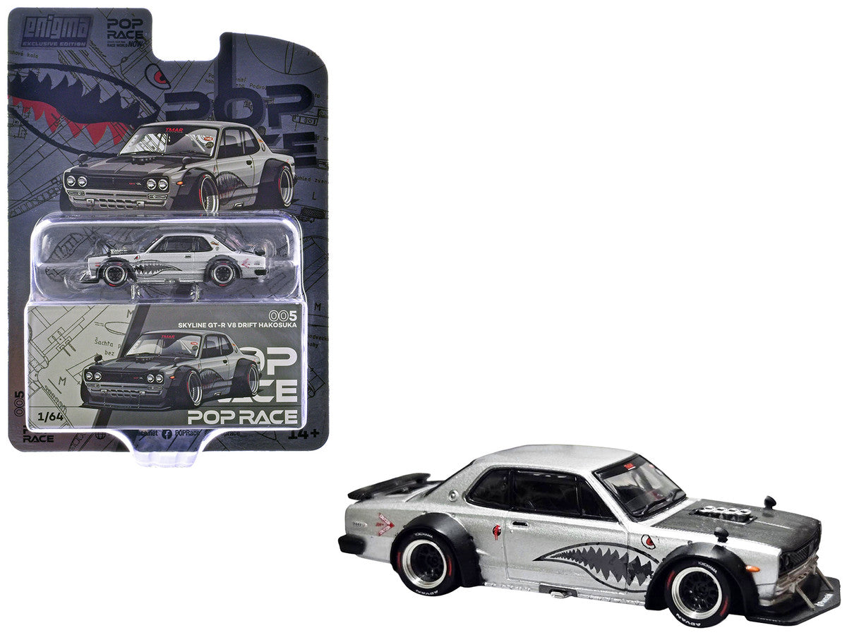 Skyline GT-R V8 Drift "Hakosuka" RHD (Right Hand Drive) Silver Metallic with Carbon Hood and Shark Mouth Graphics "Enigma Exclusive Edition" 1/64 Diecast Model Car by Pop Race 3