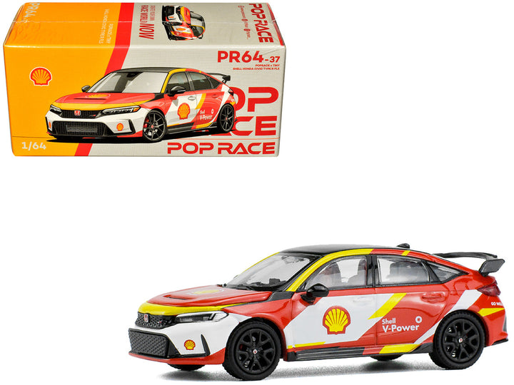 Honda Civic Type R FL5 "Shell Oil" Red and White with Graphics 1/64 Diecast Model Car by Pop Race-0