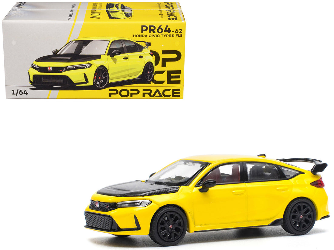 Honda Civic Type R FL5 Yellow with Carbon Hood 1/64 Diecast Model Car by Pop Race-3