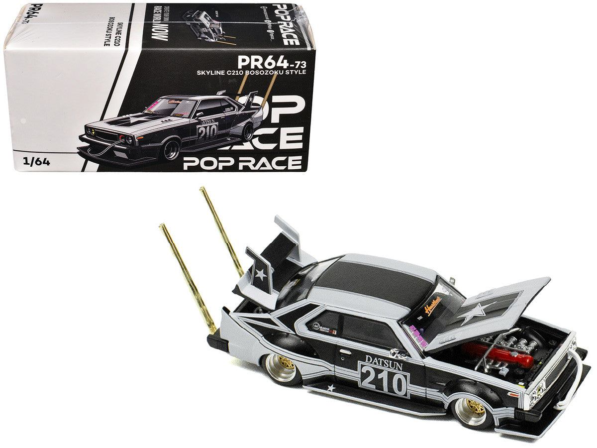 Nissan Skyline C210 "Bosozoku Style" RHD (Right Hand Drive) #210 Matt Black and Silver 1/64 Diecast Model Car by Pop Race