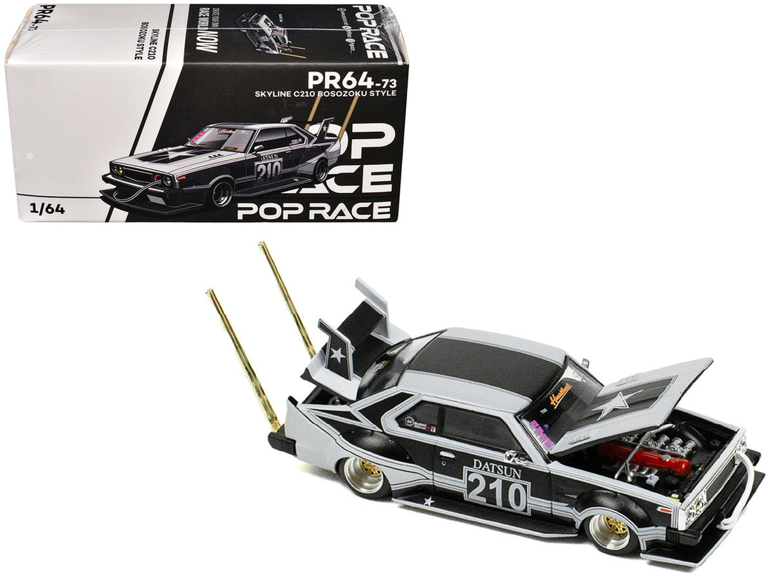 Nissan Skyline C210 "Bosozoku Style" RHD (Right Hand Drive) #210 Matt Black and Silver 1/64 Diecast Model Car by Pop Race
