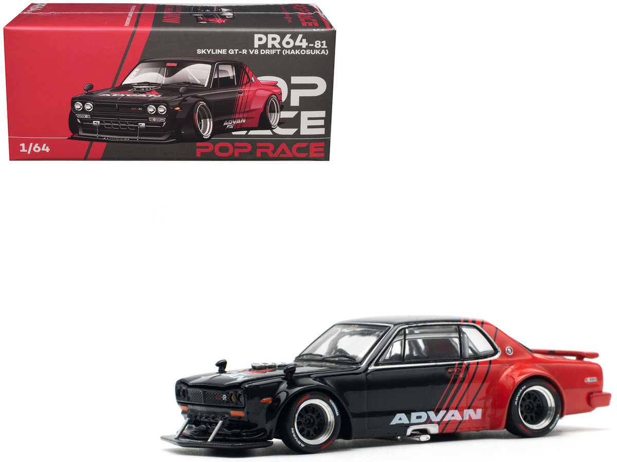 Nissan Skyline GT-R V8 Drift "Hakosuka" RHD (Right Hand Drive) "Advan" Black and Red 1/64 Diecast Model Car by Pop Race 2