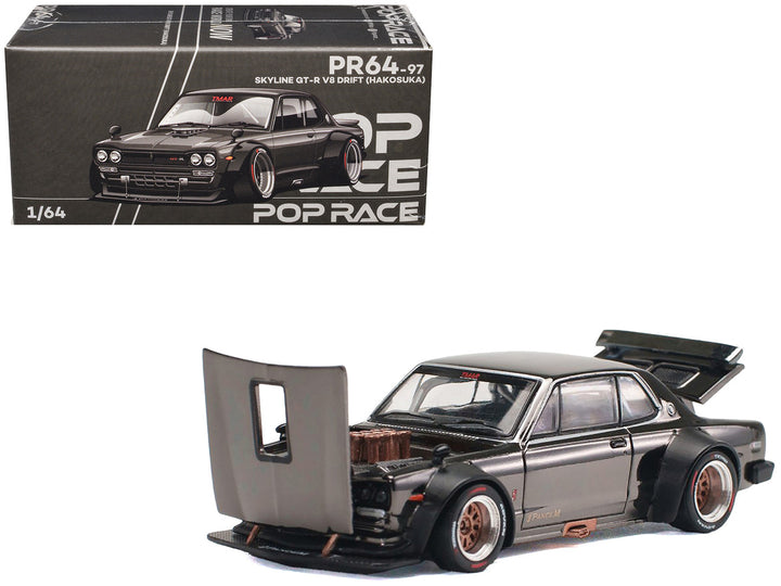 Skyline GT-R V8 Drift "Hakosuka" RHD (Right Hand Drive) Dark Chrome 1/64 Diecast Model Car by Pop Race-0