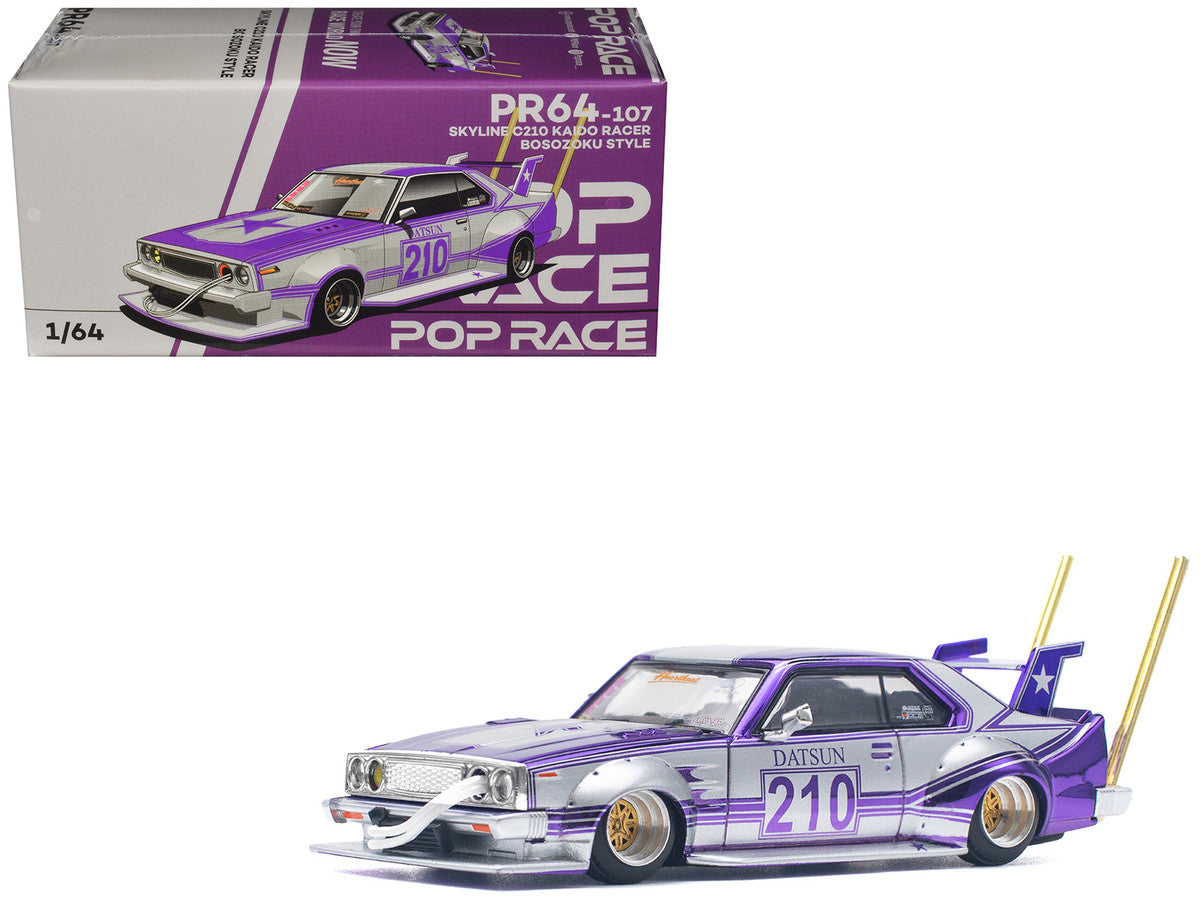 Skyline C210 Kaido Racer "Bosozoku Style" RHD (Right Hand Drive) #210 Purple and Silver 1/64 Diecast Model Car by Pop Race-3