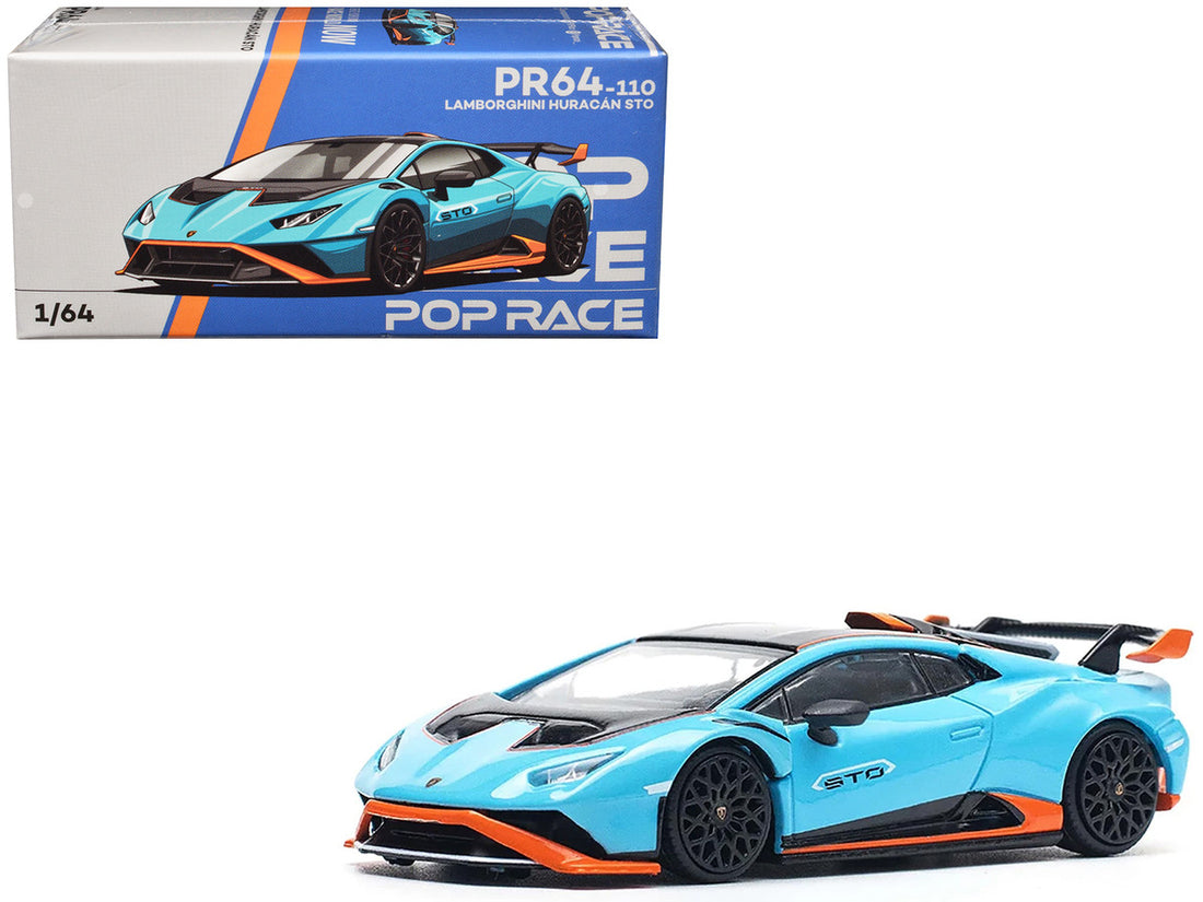 Lamborghini Huracan STO Blue with Black Top and Orange Accents 1/64 Diecast Model Car by Pop Race-4