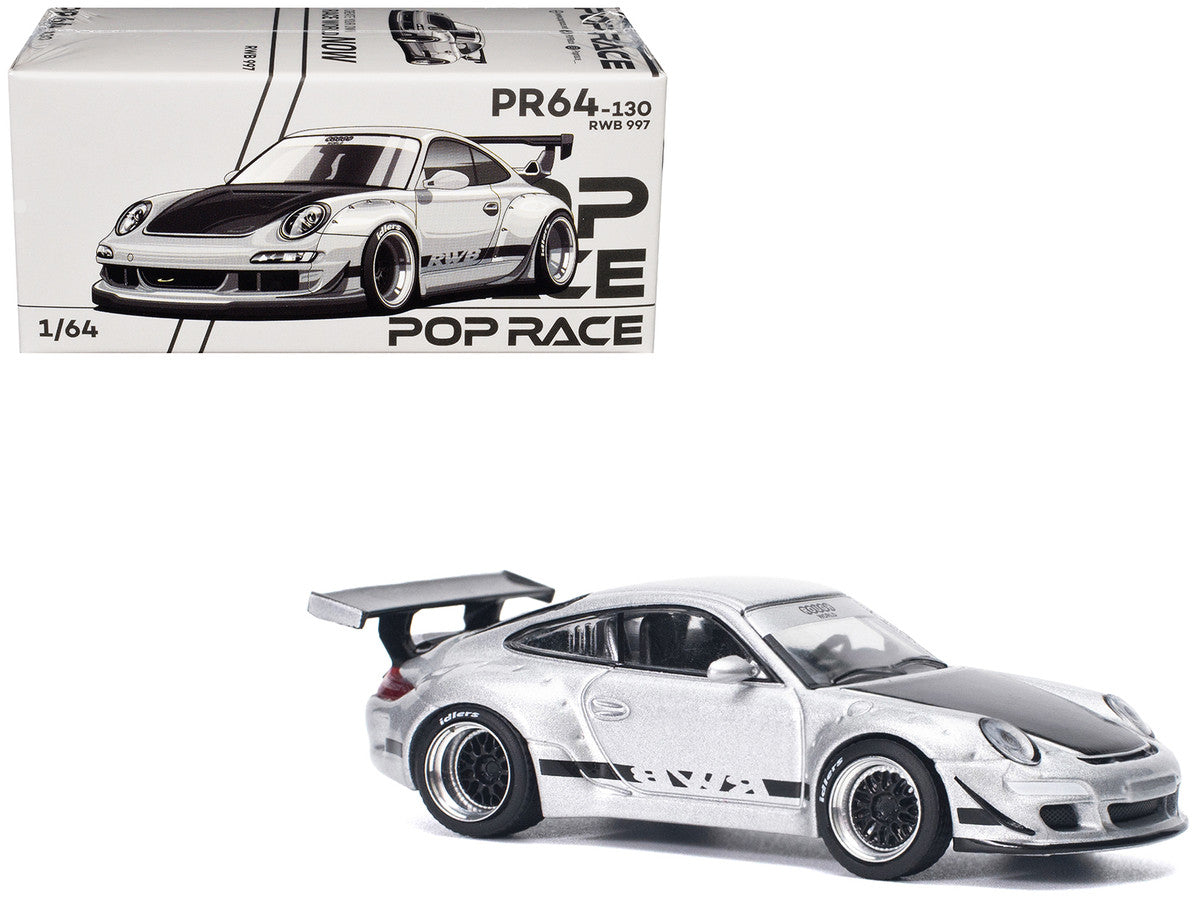 RWB 997 Silver Metallic with Black Stripes and Hood 1/64 Diecast Model Car by Pop Race-3