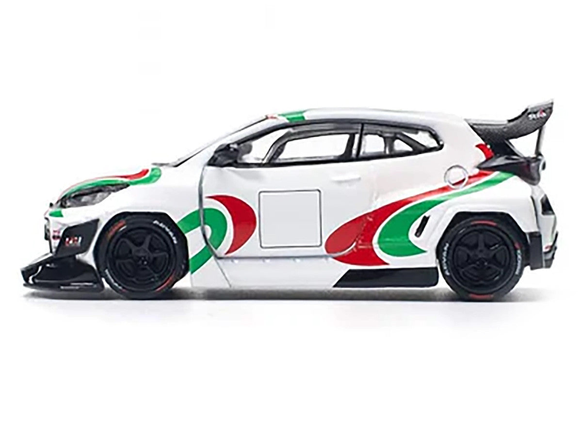 Toyota Pandem GR Yaris RHD (Right Hand Drive) "Rally Livery" White with Red and Green Graphics 1/64 Diecast Model Car by Pop Race-1