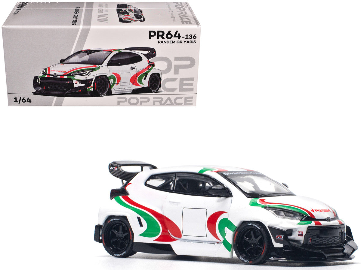 Toyota Pandem GR Yaris RHD (Right Hand Drive) "Rally Livery" White with Red and Green Graphics 1/64 Diecast Model Car by Pop Race-0