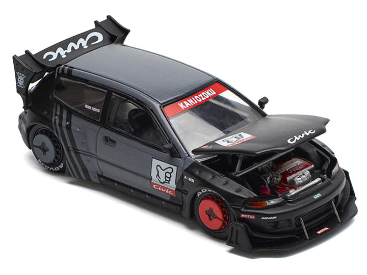 Pandem Civic EG6 RHD (Right Hand Drive) "Kanjozoku" Matt Black and Gray with Graphics 1/64 Diecast Model Car by Pop Race