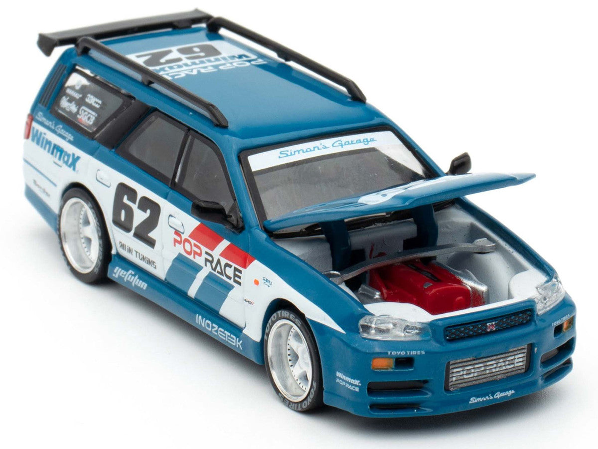 Nissan Stagea RHD (Right Hand Drive) #62 "Simon's Garage" Blue with White Sides 1/64 Diecast Model Car by Pop Race-1