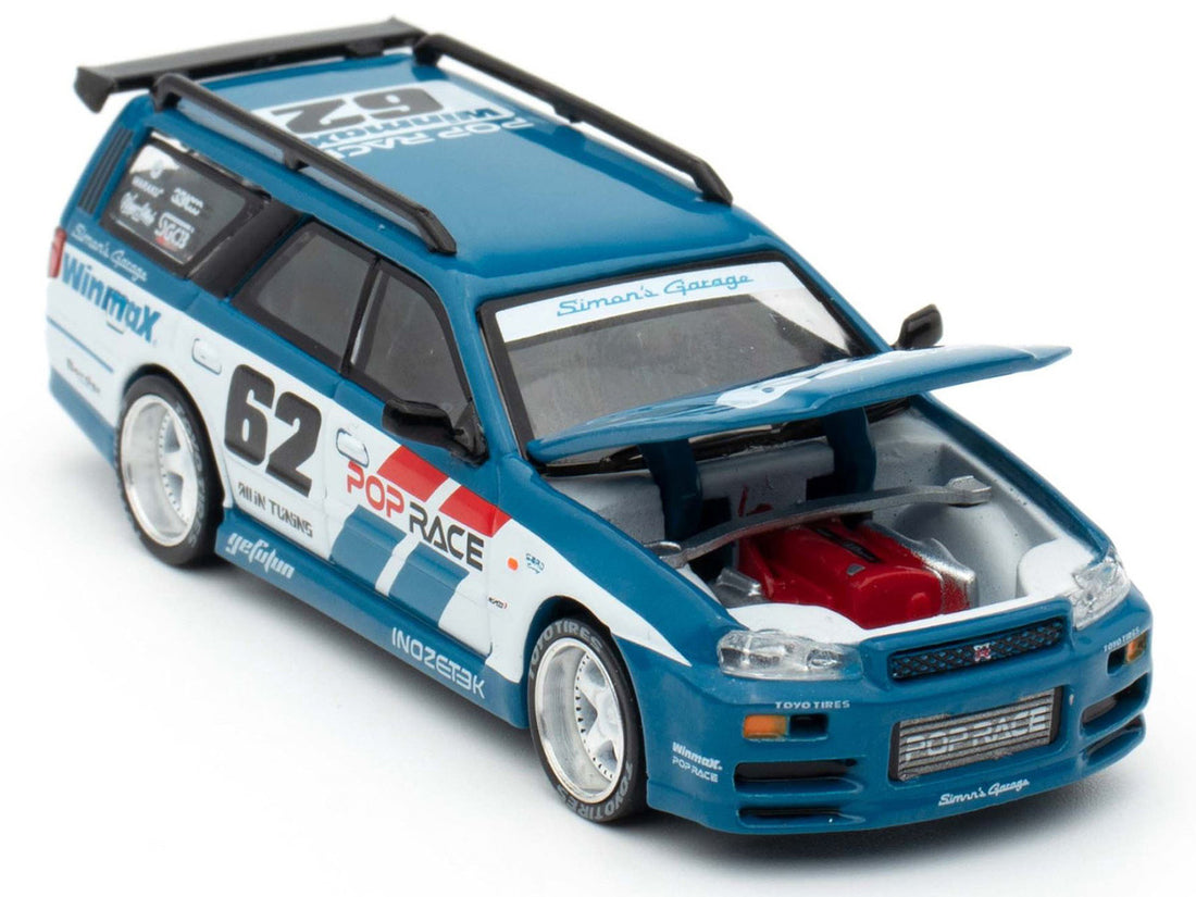 Nissan Stagea RHD (Right Hand Drive) #62 "Simon's Garage" Blue with White Sides 1/64 Diecast Model Car by Pop Race-1
