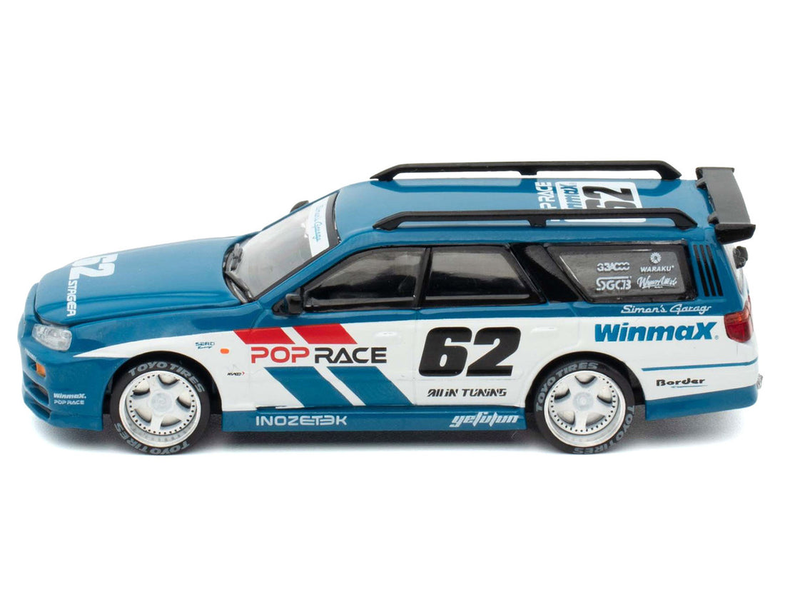 Nissan Stagea RHD (Right Hand Drive) #62 "Simon's Garage" Blue with White Sides 1/64 Diecast Model Car by Pop Race-0