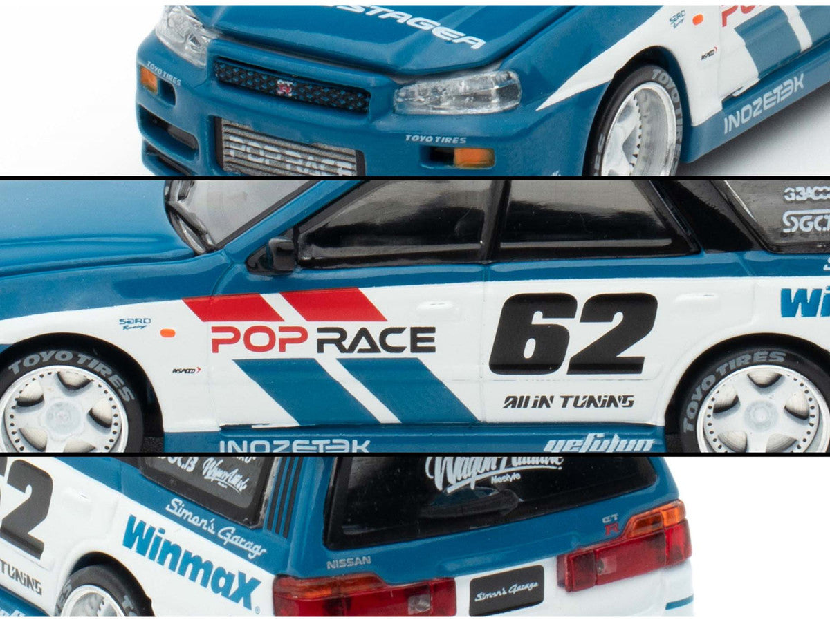Nissan Stagea RHD (Right Hand Drive) #62 "Simon's Garage" Blue with White Sides 1/64 Diecast Model Car by Pop Race-2