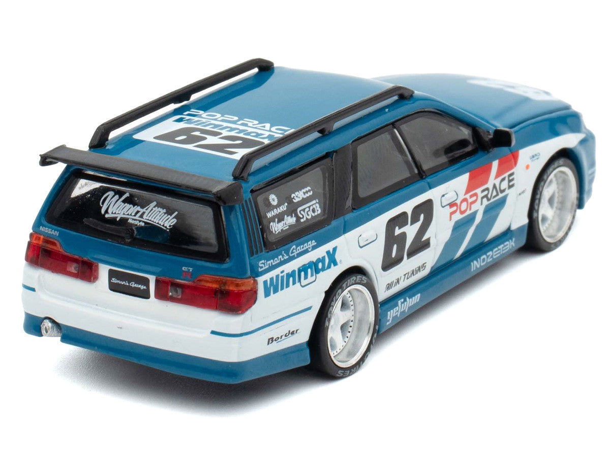 Nissan Stagea RHD (Right Hand Drive) #62 "Simon's Garage" Blue with White Sides 1/64 Diecast Model Car by Pop Race-3