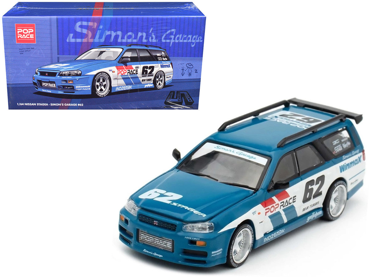 Nissan Stagea RHD (Right Hand Drive) #62 "Simon's Garage" Blue with White Sides 1/64 Diecast Model Car by Pop Race-4