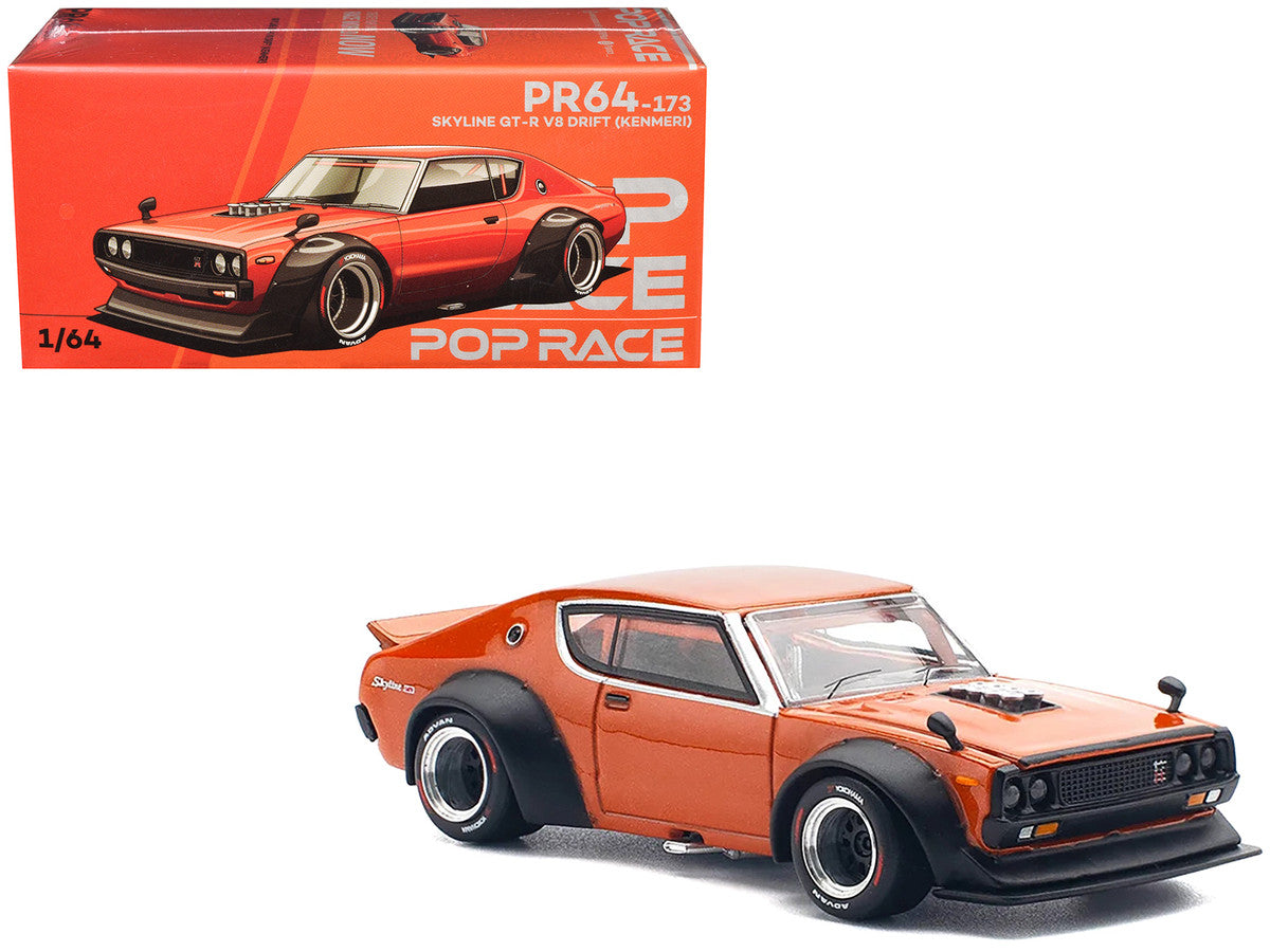 Skyline GT-R V8 Drift "Kenmeri" RHD (Right Hand Drive) Orange Metallic 1/64 Diecast Model Car by Pop Race-0