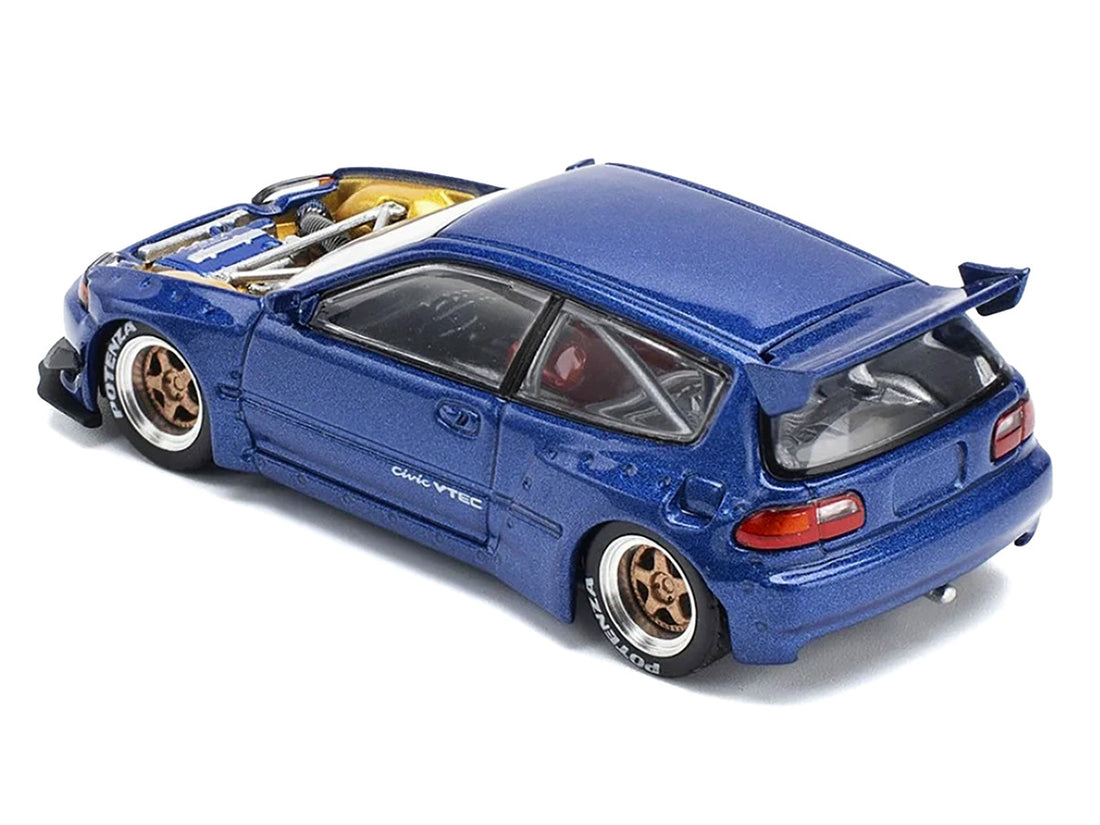 Pandem Civic EG6 VTEC RHD (Right Hand Drive) Blue Metallic with No Hood 1/64 Diecast Model Car by Pop Race-3
