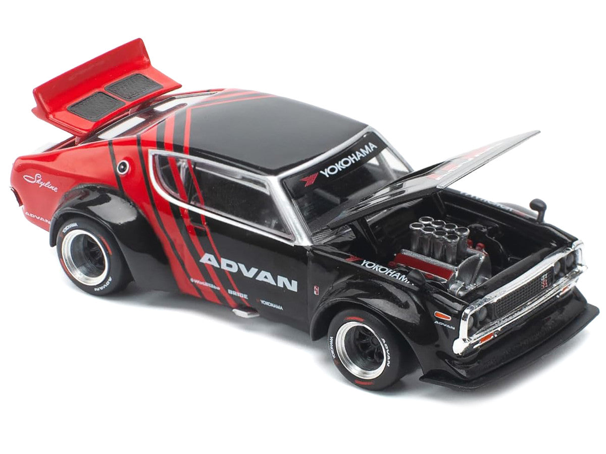Skyline KPGC110 "Kenmeri" RHD (Right Hand Drive) "ADVAN" Black and Red 1/64 Diecast Model Car by Pop Race-0