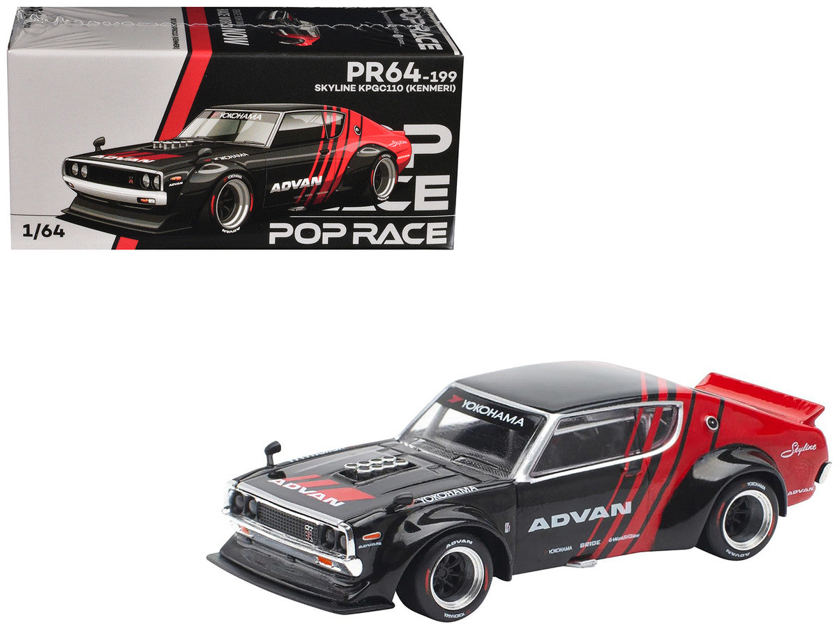 Skyline KPGC110 "Kenmeri" RHD (Right Hand Drive) "ADVAN" Black and Red 1/64 Diecast Model Car by Pop Race-3