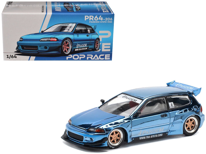 Honda Civic EG6 Pandem Blue Chrome 1:64 Pop Race diecast car