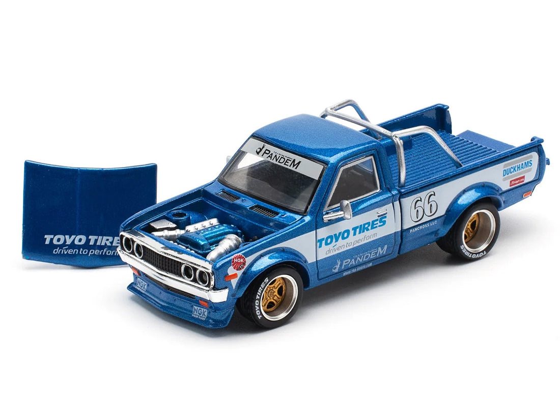Datsun Pandem 620 Pickup Truck #66 Blue Metallic with White Stripes and Graphics 1/64 Diecast Model Car by Pop Race 2
