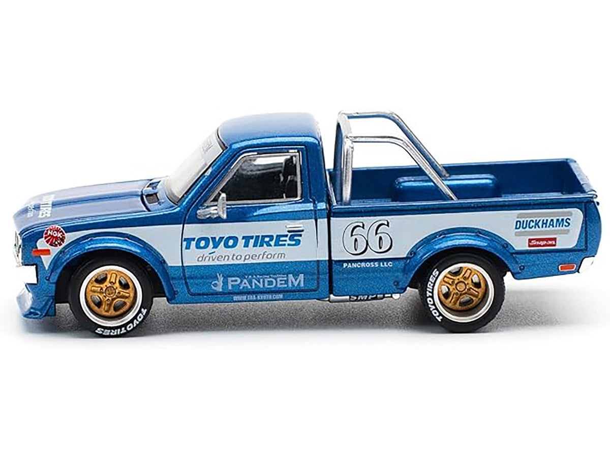 Datsun Pandem 620 Pickup Truck #66 Blue Metallic with White Stripes and Graphics 1/64 Diecast Model Car by Pop Race 3