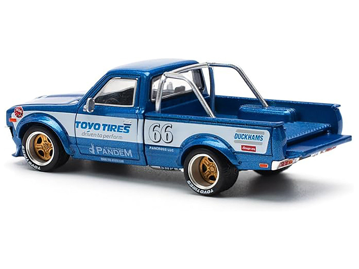 Datsun Pandem 620 Pickup Truck #66 Blue Metallic with White Stripes and Graphics 1/64 Diecast Model Car by Pop Race