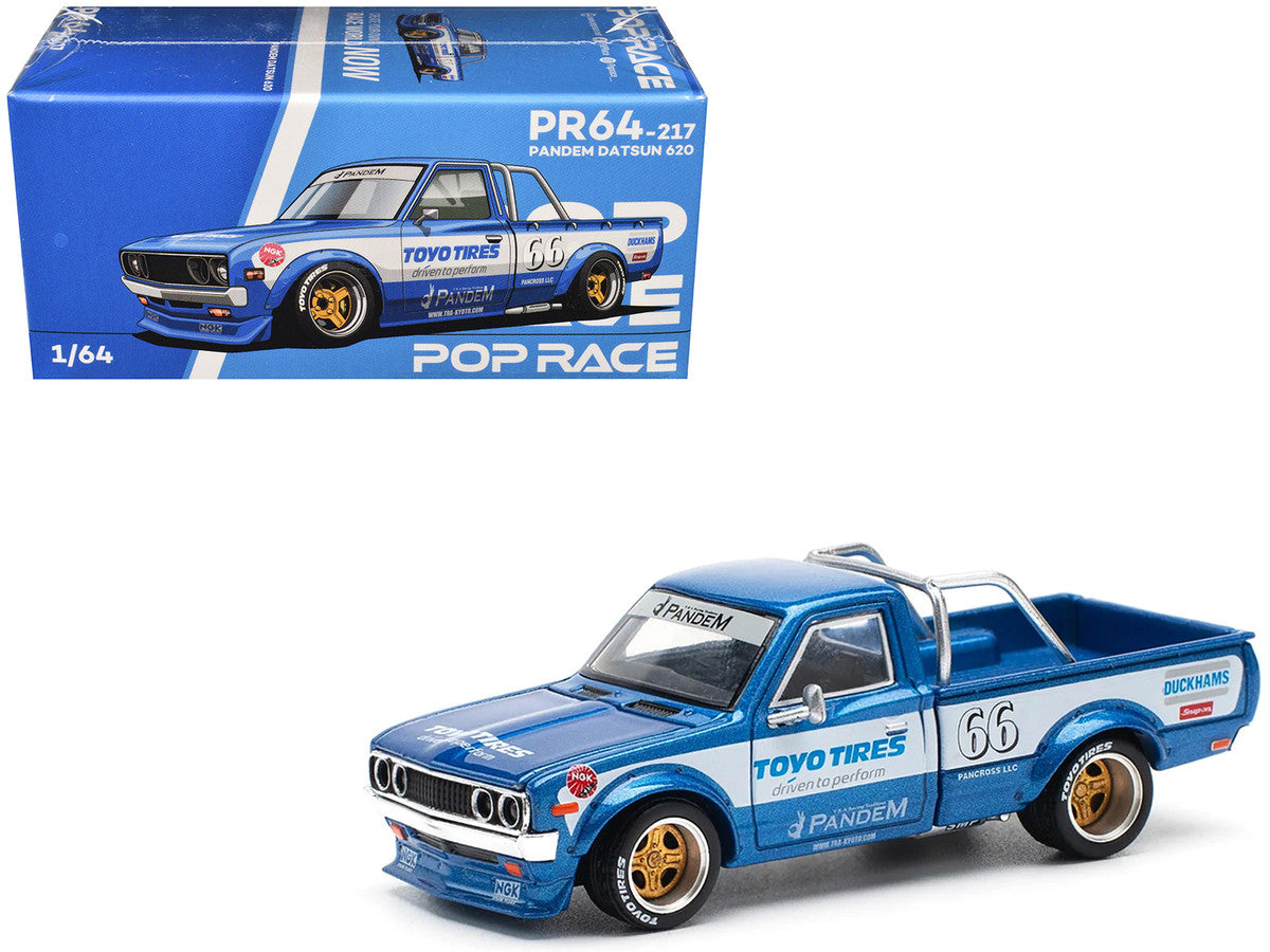Datsun Pandem 620 Pickup Truck #66 Blue Metallic with White Stripes and Graphics 1/64 Diecast Model Car by Pop Race 4