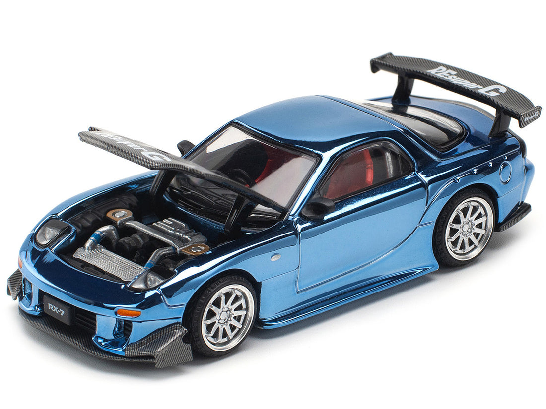 Mazda RX-7 RE-Amemiya Widebody RHD (Right Hand Drive) Blue Chrome with Carbon Hood 1/64 Diecast Model Car by Pop Race-3
