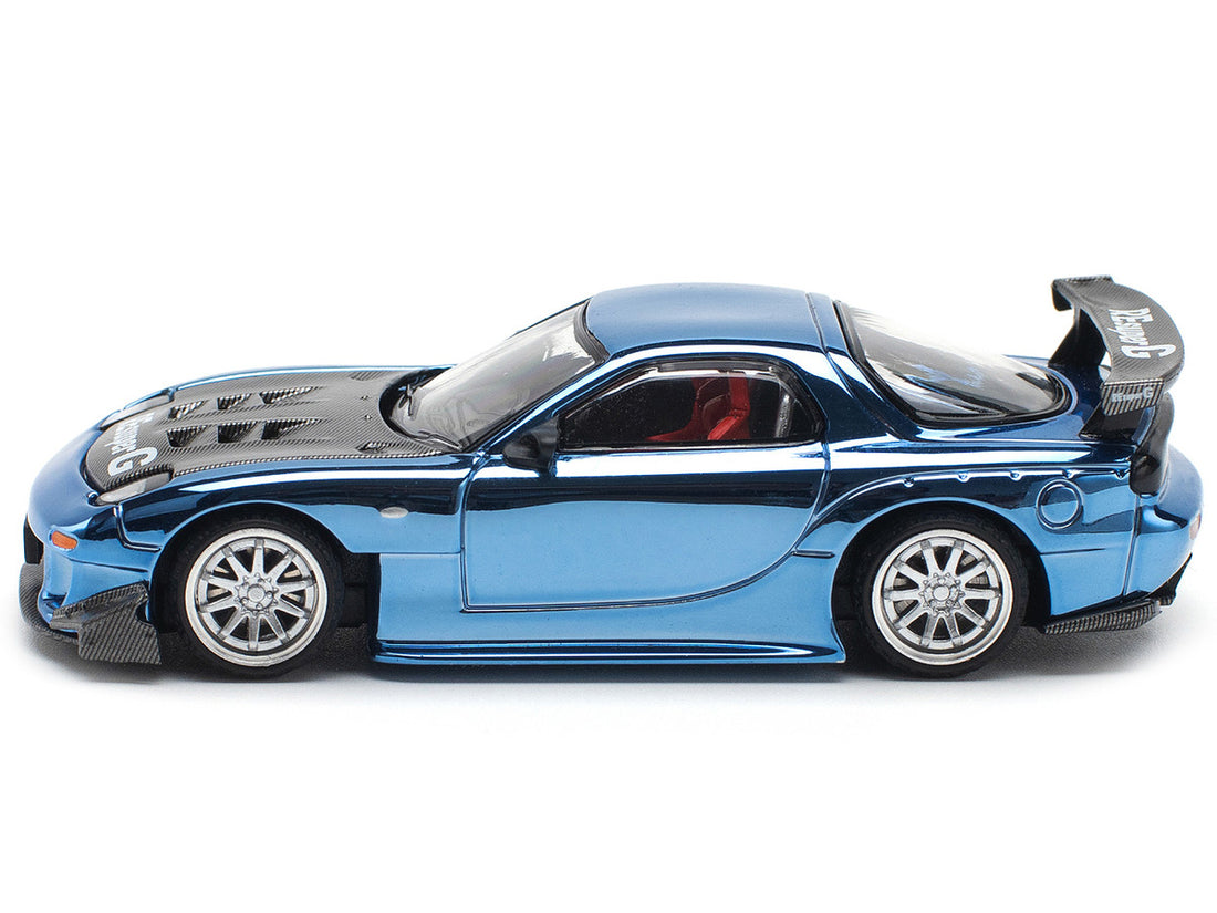 Mazda RX-7 RE-Amemiya Widebody RHD (Right Hand Drive) Blue Chrome with Carbon Hood 1/64 Diecast Model Car by Pop Race-2