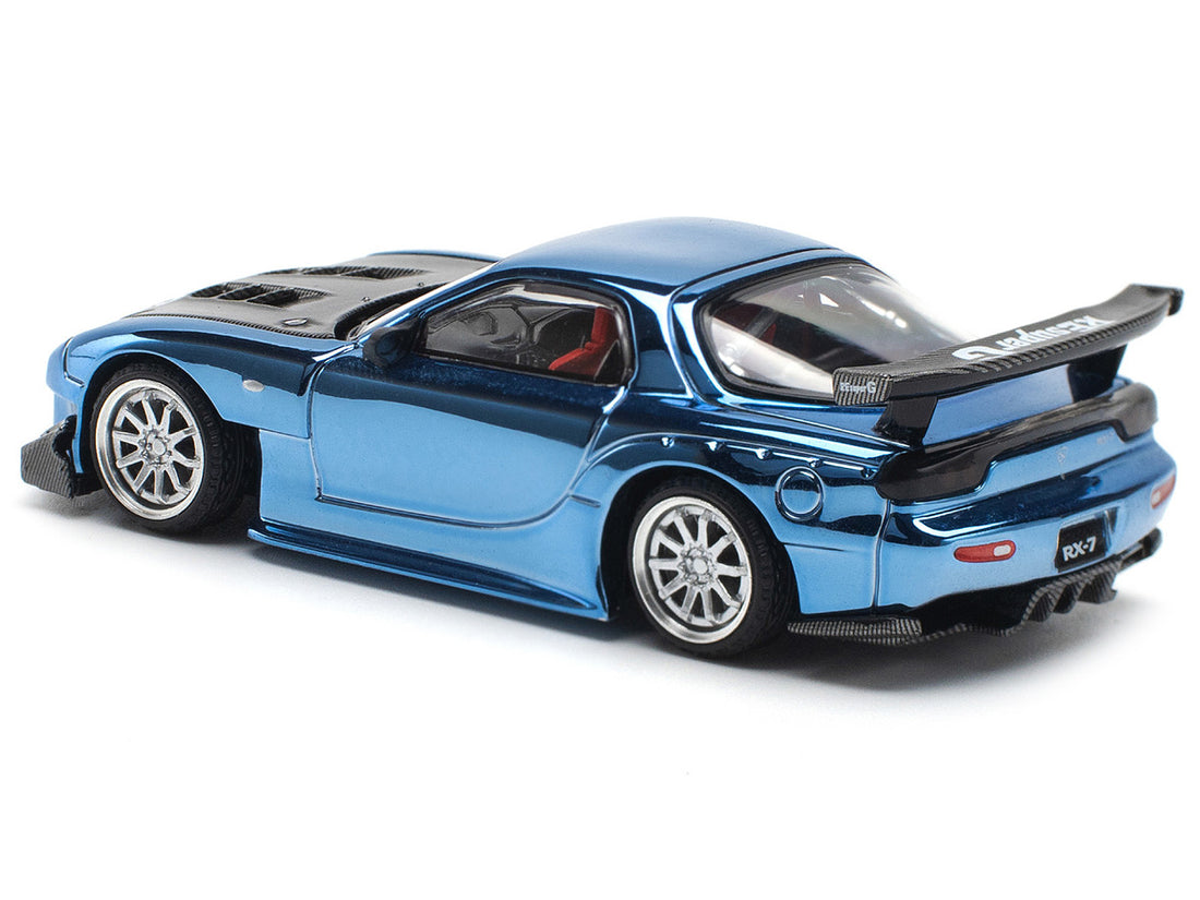 Mazda RX-7 RE-Amemiya Widebody RHD (Right Hand Drive) Blue Chrome with Carbon Hood 1/64 Diecast Model Car by Pop Race-0